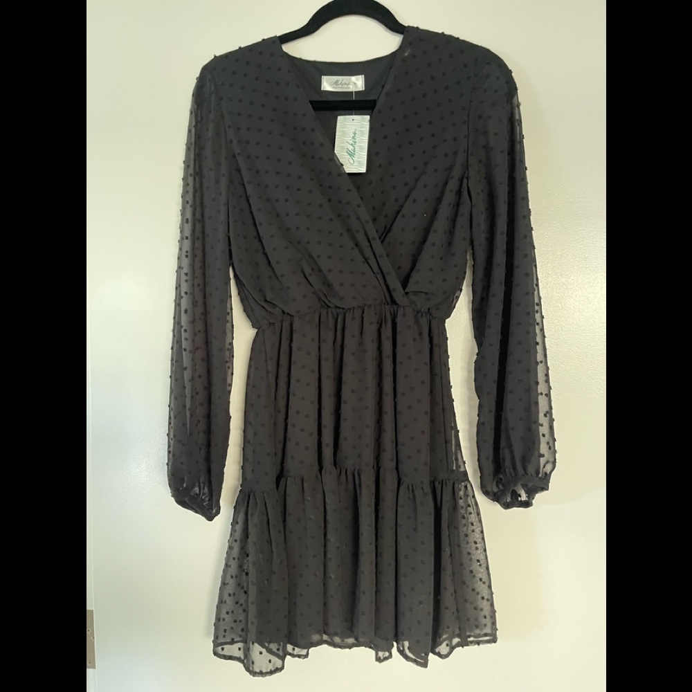 mahina Black Swiss Dot Long Sleeve Tiered Dress